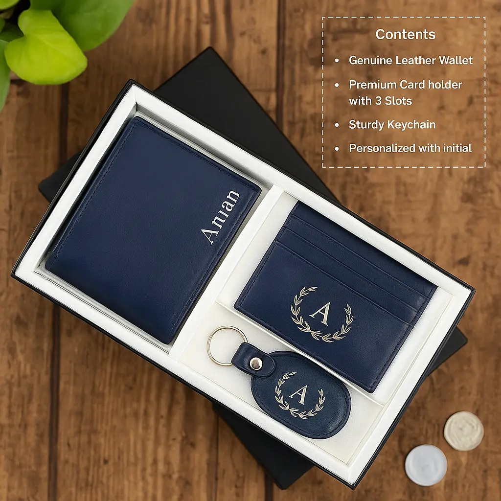 Personalized Genuine Leather Wallet Combo For Men - Blue